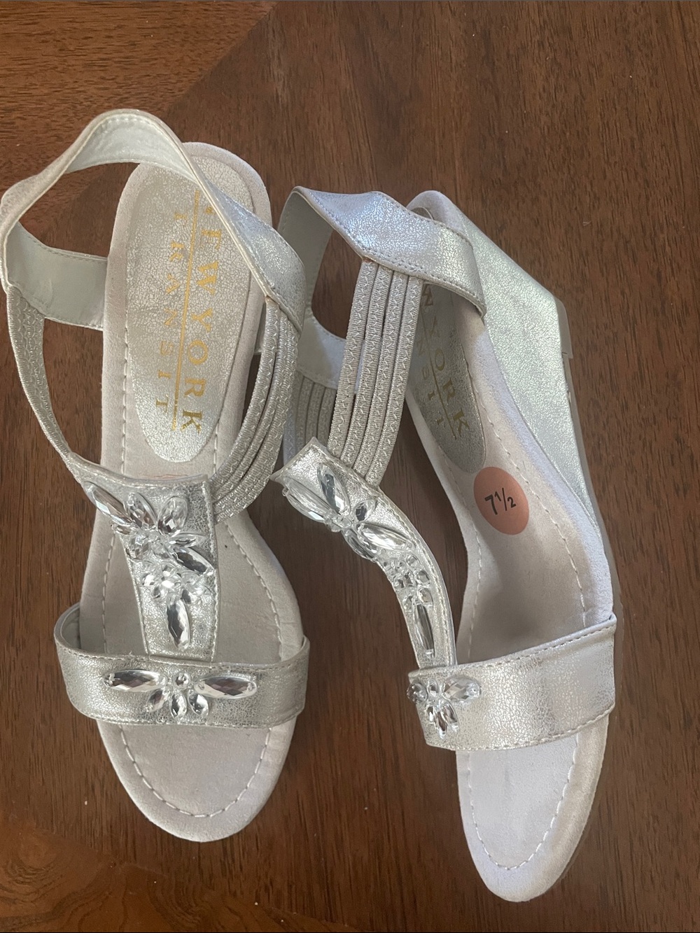New York Transit Silver Crystal T-Strap Dress Sandals